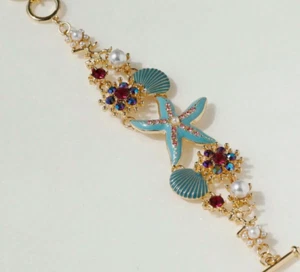 Gold Tone Charm Bracelet Seashell Starfish Beach Ocean Blue Theme 7.5” - Picture 1 of 8