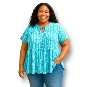 Terra & Himmelblau Batik Stufen Schößchen Bluse Stufen Baumwolle Boho Cottagecore 3X - Bild 1 von 6