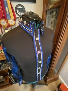 Western All Day Sheer Sleeve Royal Blue Hidden Zipper Retro Horse Show Day Shirt - Picture 1 of 5