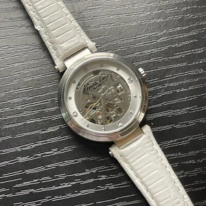 Kenneth Cole Ladies Skeleton Automatic Silver Dial White Leather Band Watch - Picture 1 of 10