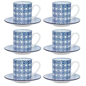 Espresso Cups & Saucers Patterned Coffee Set - Blue Flower Print x6 - 65ml - Picture 1 of 6