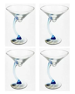 4 Libbey Martini Drinking Glass w/ Curved Swerve Stem Light Cobalt Blue Accent - Picture 1 of 2