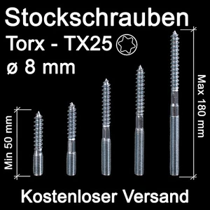 Stockschrauben M8 Distanzschrauben TORX TX25 Holzschrauben Längen 50mm - 180mm - Bild 1 von 2