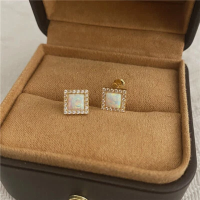 Retro Square White Fire Opal 18K Gold Sterling Silver Delicate Studs Earrings - Image 1 of 4