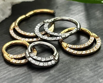 1pc Titanium Hinged Segment Ring Double Lined CZ Gems Septum Hoop Helix Daith - Image 1 of 4
