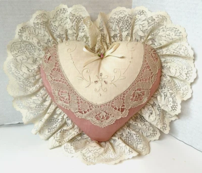 Heart Shaped Pillow by Brown Sugar Designs Pink Satin & Lace Victorian Cottage - Image 1 of 4