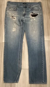 True Religion Geno Light Wash No Flap Yellow Stitch 36W 32” Inseam Distressed - Picture 1 of 8