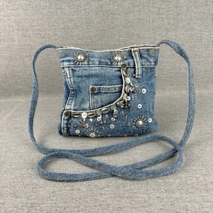 Perlen Denim Pailletten Umhängetasche klein blau Festival Beachy Boho leicht - Bild 1 von 17