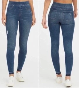 NUEVO CON ETIQUETAS SPANX Pantalones de mezclilla ajustados al tobillo desgastados cintura elástica lavado medio talla pequeña - Imagen 1 de 11