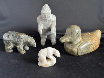 Lot of 4 Inuit Eskimo Soapstone Carvings Bears Duck Man Signed Japhet - Image 1 of 4