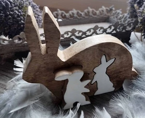 Clayre & Eef Holz Osterhase 3 in 1 Deko Braun Weiß 17 x 14 x 2 cm - Bild 1 von 2