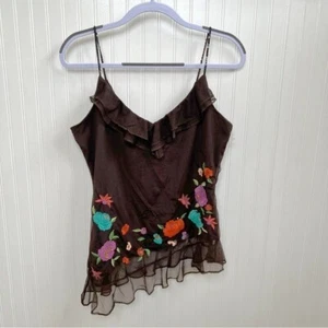 ICE Dark Brown Mesh Embroidered Floral & Beaded Fairycore Cami Tank Size Medium - Picture 1 of 6