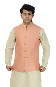 Mens Pastel Pink Floral Blend Silk Asian Wedding Waistcoat Koti Jacket Only 1046 - Picture 1 of 5