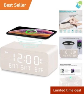 Stylish Wooden Alarm Clock with Adjustable Brightness & Wireless Charging Hub - Picture 1 of 10