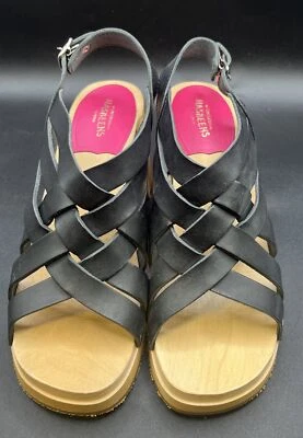 Swedish Hasbeens Clog Sandals Strappy Heels size 38 / 8 US Black Wooden Sexy - Image 1 of 4