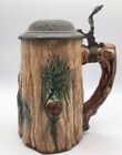 Rare Mug Stein Majolica c1886 Oak Leaves Tree Trunk Shape Pewter Lid Engraved