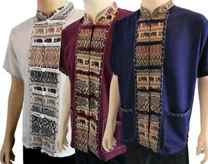 Men's Cotton Shirt Short Sleeve Thai Elephant Patterned Lanna Hippie Small-XXL - Picture 1 of 30