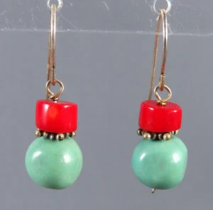 STERLING SILVER Super Nice TURQUOISE & CORAL Beaded Dangle Earrings SIGNED DF - Picture 1 of 5