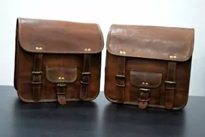 2 Motorcycle Saddlebags 2 Side Pockets Brown Goatskin Panniers Saddle... - Picture 1 of 7
