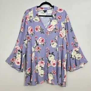 Torrid Size 3 Boho Collared V-Neck Pullover Floral Top Long Bell Sleeve Stretchy - Picture 1 of 11