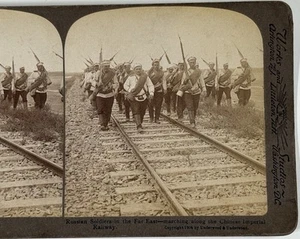 Russian Soldiers in Far East, Marching Along Chinese Imperial Railway Stereoview - Picture 1 of 4