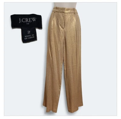 Calça plissada J.CREW NOVA COM ETIQUETAS US$ 118 tamanho 2 dourada cintilante mistura de linho metálico perna larga - Imagem 1 de 4