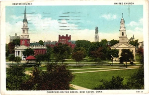 Churches On The Green Center United New Haven Connecticut Postcard 1934 - Picture 1 of 2