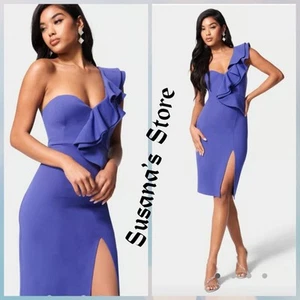 NWT BEBE SIZE XS ONE SHOULDER RUFFLE SLEEVE FRONT SLIT MIDI BODYCON DRESS - Picture 1 of 5