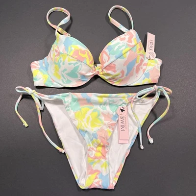 Victoria Secret 34A S Conjunto Parte Superior de Bikini Push Up Frontal Girado Azul Rosa Pastel Foto 1 de 4