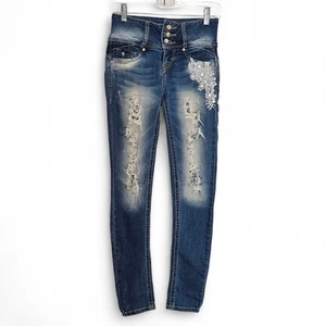 Evolution Jeans Damen Distressed Perlen bestickt Mid-Rise Skinny Vintage Y2K - Bild 1 von 18