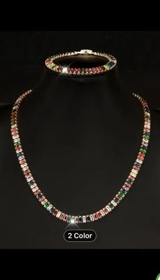 Conjunto de collar y pulsera de diamantes de imitación multicolores piedras brillantes corte esmeralda  Foto 1 de 4