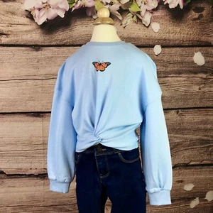 New Little Girls Baby Blue Butterfly Printed Twist Crop Sweatshirt 8Y - Picture 1 of 9