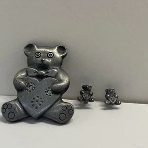 Pewter Teddy Bear- Pin and Earrings Set, Bear and Hearts, 112621 - Picture 1 of 7