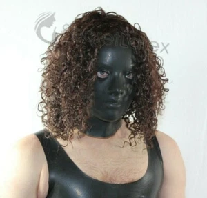 BLACK LATEX HOOD FULL HEAD RUBBER FETISH FEMALE MOULDED GIMP MASK + HQ WIG S / L - Picture 1 of 7