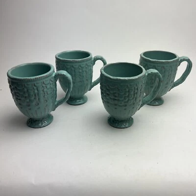 Juego de 4 tazas Anthropologie esmaltadas a mano verde azulado verde menta de gres de encaje a escala raras Foto 1 de 4