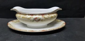 NORITAKE LISMORE GRAVY BOAT ATTACHED UNDERPLATE FLORAL SCROLLWORK w/GOLD - Picture 1 of 8
