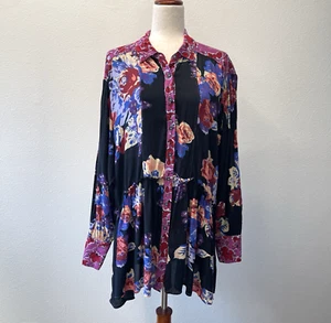 Free People Tunic Top Womens Size M Black Floral Brunch A Bunch Oversized Flowy - Picture 1 of 8