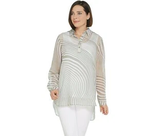 Dennis Basso Printed Chiffon Long-Sleeve Tunic with Tank- Neutral Beige, XS - Picture 1 of 6