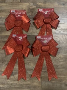 4 Outdoor Red Glitter Bow Crafts Wreaths Christmas Baskets 14” - Picture 1 of 4