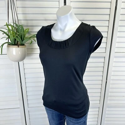 Lafayette 148 New York Black Cap Sleeve Knit Blouse Top Pleated Neckline Size S - Image 1 of 4