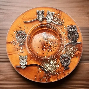 Dreamlight Traumlicht Gilde Glass Tealight Candle Holder Orange Silver Owls 4" - Picture 1 of 7