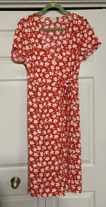J Crew Drapey Twill Wrap Midi Dress Red White Floral Cottagecore Wedding Y2K 8 - Picture 1 of 8