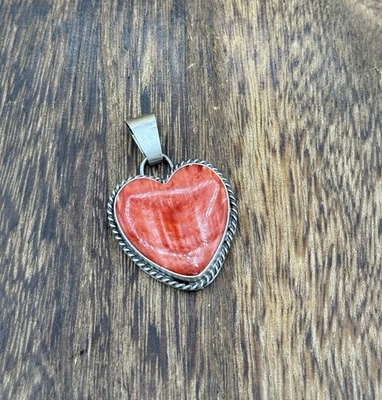 Navajo Handmade Sterling Silver Red Spiny Oyster Shell Heart Shaped Pendant - Image 1 of 3