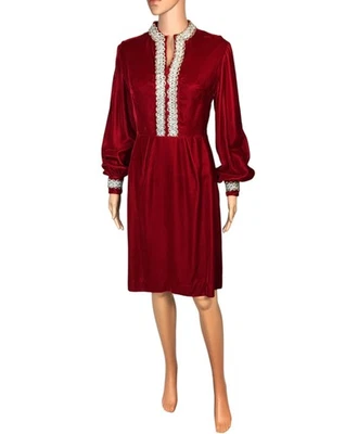 Vintage 60s 70s Red Velvet Edwardian Renaissance Silver Tinsel Trim Dress S-M - Image 1 of 4