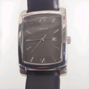 Lorus Tank Watch Men 29mm Silver Tone Black Dial Leather Band New Battery - Picture 1 of 7