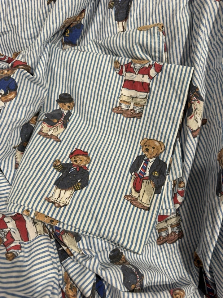 Vintage Ralph Lauren Polo Bear Twin Sheet Set Flat Fitted Pillowcase Blue Stripe - Image 1 of 1