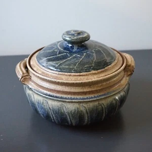 Art Pottery Stoneware Covered Casserole Serving Dish Blue Tan Drip Glaze **READ - Picture 1 of 22
