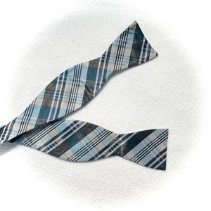 Penguin Adj Silk Bow Tie Navy Light Blue White Plaid Self Tie Sz 14 5 20 - Picture 1 of 2