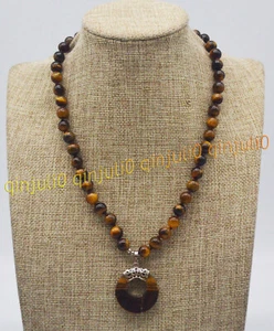 Natural 8/10mm Yellow Tigers Eye Gems Round Bead Circle Pendant Necklace 16-25'' - Picture 1 of 7