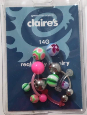 D3 Barbell set retainer surg steel plastic belly ring Claire's 14g body jewelry - Image 1 of 4